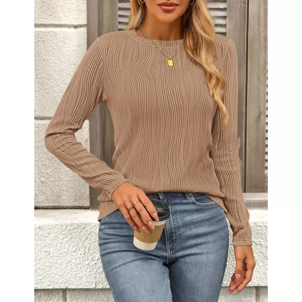 PRETTYGARDEN Womens Basic Plain Tee Shirts Fall Long Sleeve Crewneck Textured Dressy Casual Blouse TopsKhaki