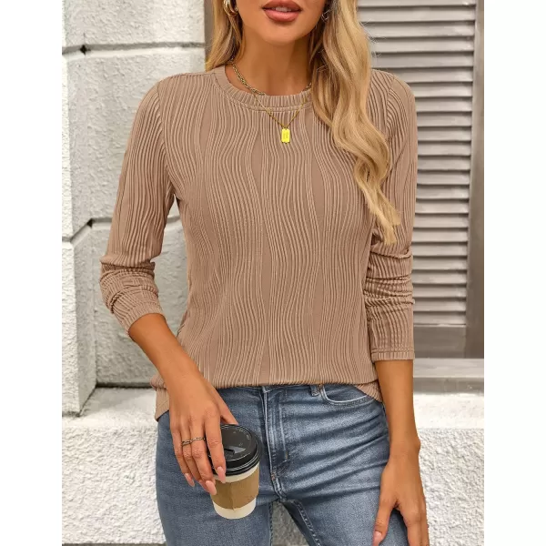 PRETTYGARDEN Womens Basic Plain Tee Shirts Fall Long Sleeve Crewneck Textured Dressy Casual Blouse TopsKhaki