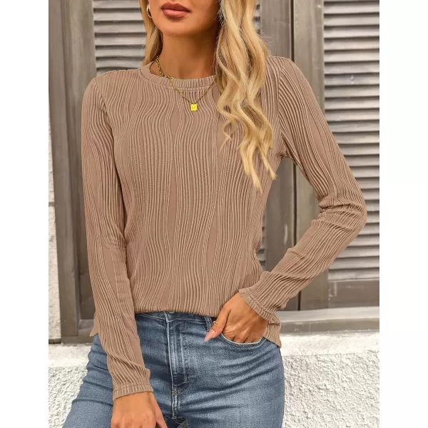PRETTYGARDEN Womens Basic Plain Tee Shirts Fall Long Sleeve Crewneck Textured Dressy Casual Blouse TopsKhaki