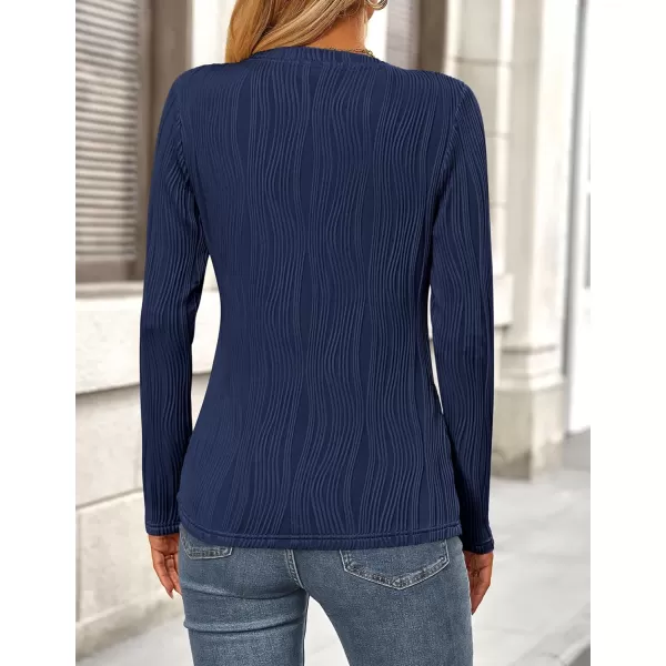 PRETTYGARDEN Womens Basic Plain Tee Shirts Fall Long Sleeve Crewneck Textured Dressy Casual Blouse TopsNavy