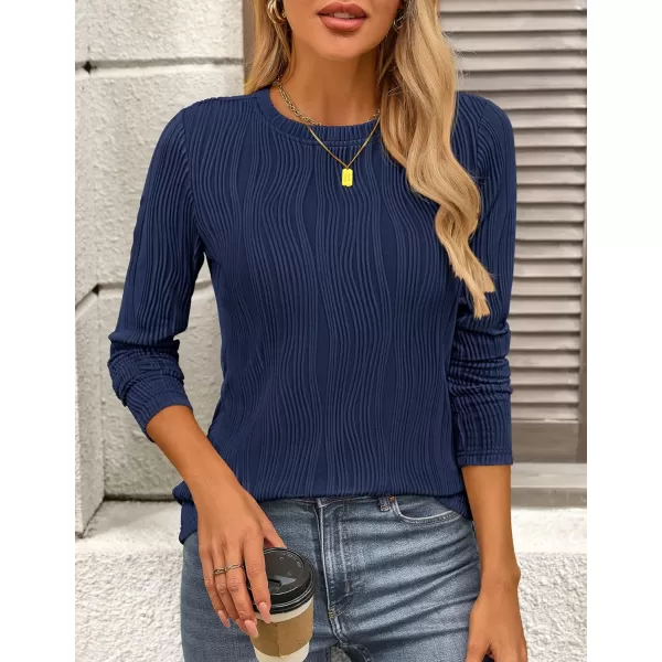 PRETTYGARDEN Womens Basic Plain Tee Shirts Fall Long Sleeve Crewneck Textured Dressy Casual Blouse TopsNavy