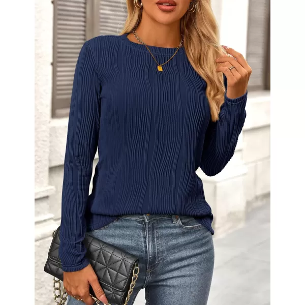 PRETTYGARDEN Womens Basic Plain Tee Shirts Fall Long Sleeve Crewneck Textured Dressy Casual Blouse TopsNavy