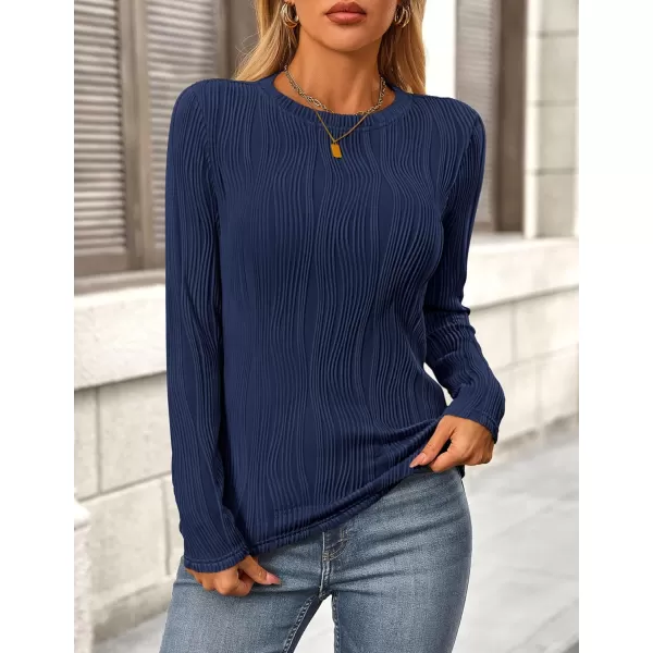 PRETTYGARDEN Womens Basic Plain Tee Shirts Fall Long Sleeve Crewneck Textured Dressy Casual Blouse TopsNavy
