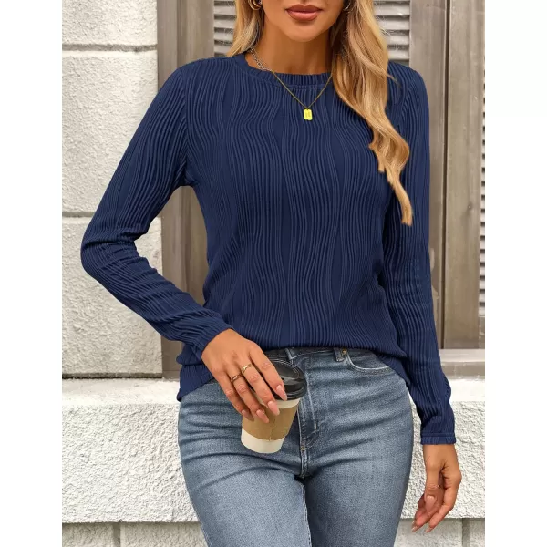 PRETTYGARDEN Womens Basic Plain Tee Shirts Fall Long Sleeve Crewneck Textured Dressy Casual Blouse TopsNavy