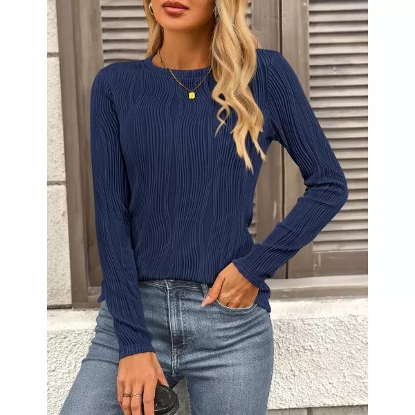 PRETTYGARDEN Womens Basic Plain Tee Shirts Fall Long Sleeve Crewneck Textured Dressy Casual Blouse TopsNavy