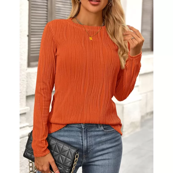 PRETTYGARDEN Womens Basic Plain Tee Shirts Fall Long Sleeve Crewneck Textured Dressy Casual Blouse TopsOrange