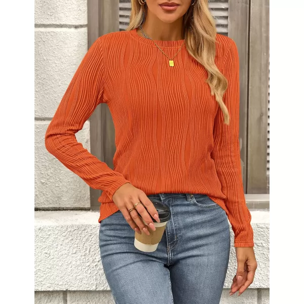PRETTYGARDEN Womens Basic Plain Tee Shirts Fall Long Sleeve Crewneck Textured Dressy Casual Blouse TopsOrange