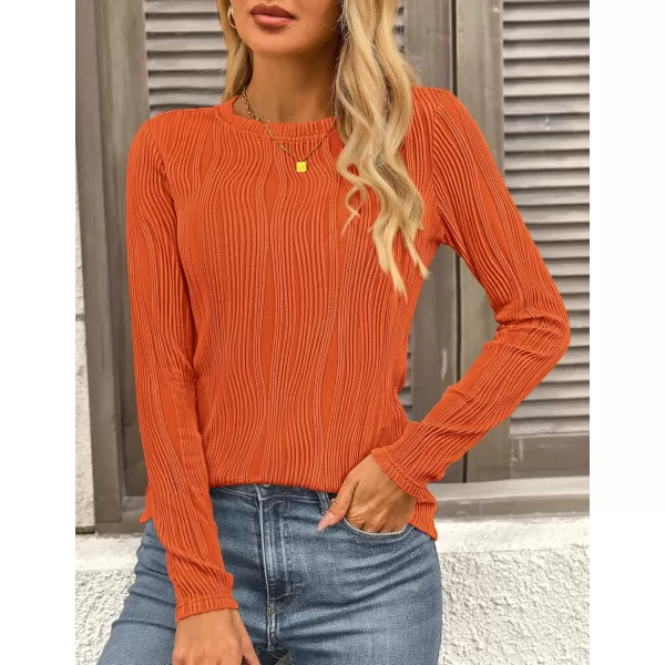 PRETTYGARDEN Womens Basic Plain Tee Shirts Fall Long Sleeve Crewneck Textured Dressy Casual Blouse TopsOrange