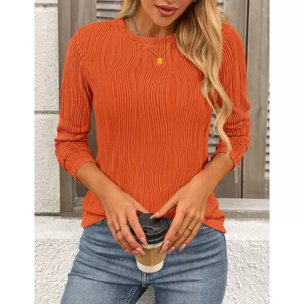 PRETTYGARDEN Womens Basic Plain Tee Shirts Fall Long Sleeve Crewneck Textured Dressy Casual Blouse TopsOrange