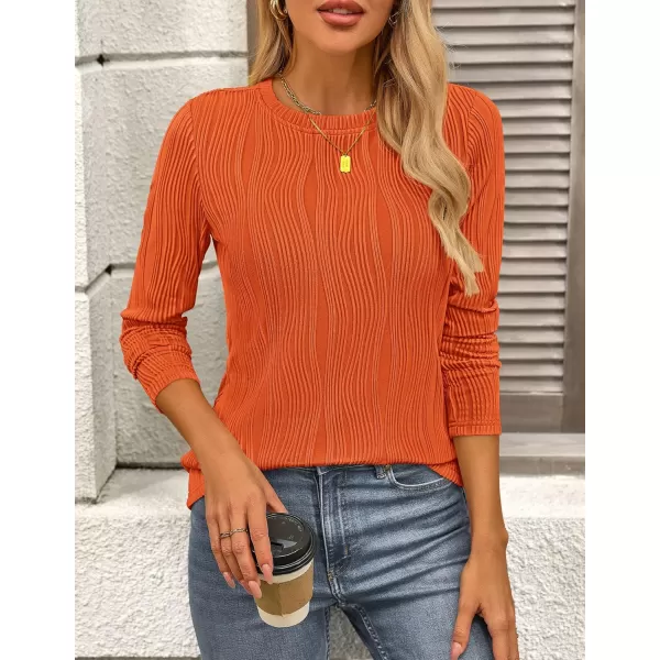 PRETTYGARDEN Womens Basic Plain Tee Shirts Fall Long Sleeve Crewneck Textured Dressy Casual Blouse TopsOrange