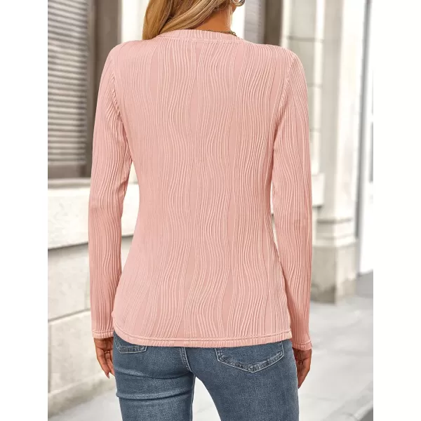 PRETTYGARDEN Womens Basic Plain Tee Shirts Fall Long Sleeve Crewneck Textured Dressy Casual Blouse TopsPink