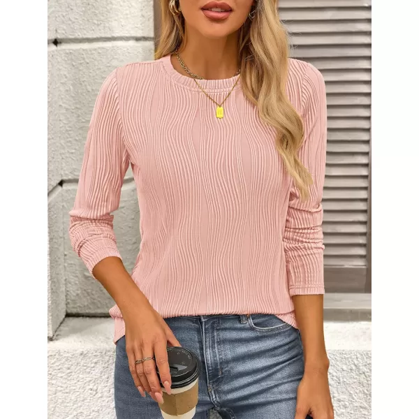 PRETTYGARDEN Womens Basic Plain Tee Shirts Fall Long Sleeve Crewneck Textured Dressy Casual Blouse TopsPink