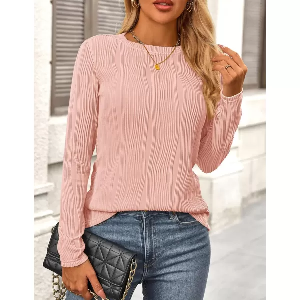 PRETTYGARDEN Womens Basic Plain Tee Shirts Fall Long Sleeve Crewneck Textured Dressy Casual Blouse TopsPink