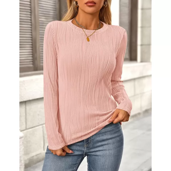 PRETTYGARDEN Womens Basic Plain Tee Shirts Fall Long Sleeve Crewneck Textured Dressy Casual Blouse TopsPink