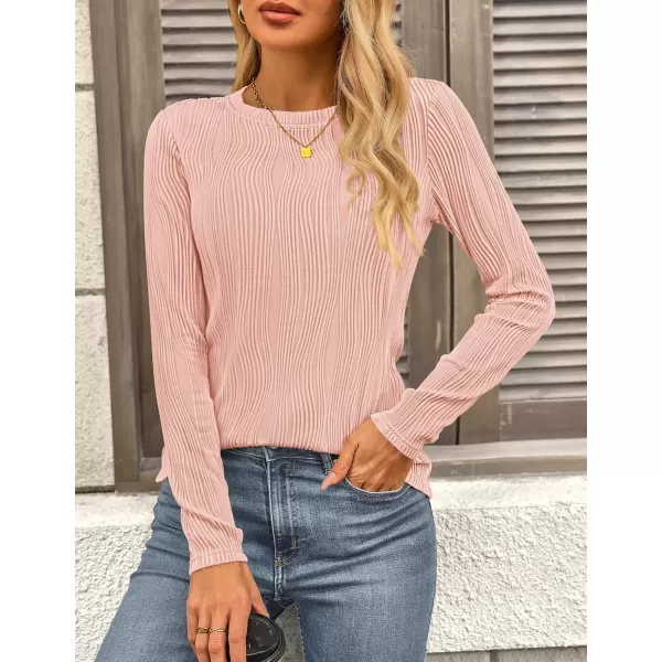 PRETTYGARDEN Womens Basic Plain Tee Shirts Fall Long Sleeve Crewneck Textured Dressy Casual Blouse TopsPink