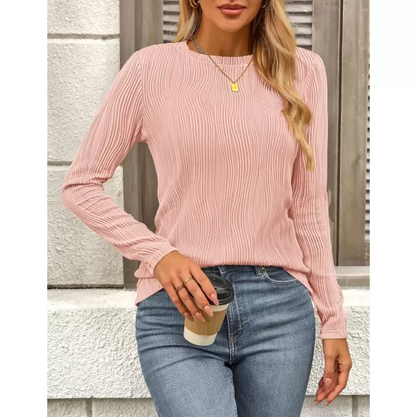PRETTYGARDEN Womens Basic Plain Tee Shirts Fall Long Sleeve Crewneck Textured Dressy Casual Blouse TopsPink