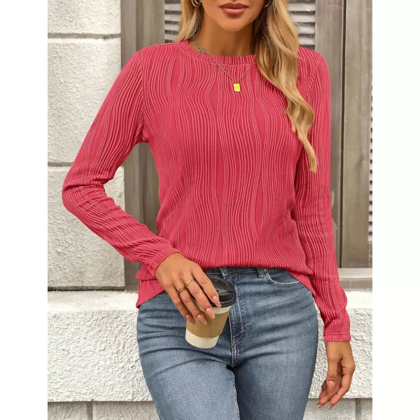 PRETTYGARDEN Womens Basic Plain Tee Shirts Fall Long Sleeve Crewneck Textured Dressy Casual Blouse TopsRed