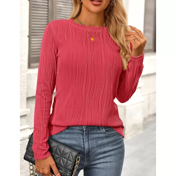 PRETTYGARDEN Womens Basic Plain Tee Shirts Fall Long Sleeve Crewneck Textured Dressy Casual Blouse TopsRed