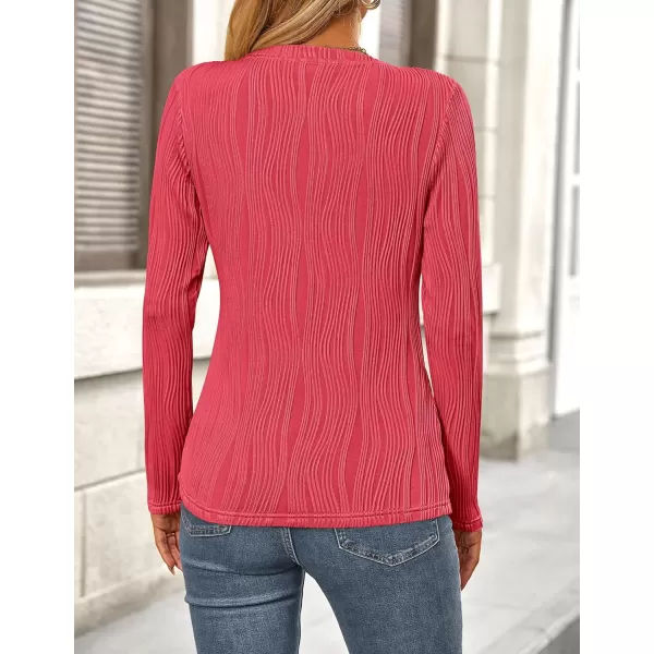 PRETTYGARDEN Womens Basic Plain Tee Shirts Fall Long Sleeve Crewneck Textured Dressy Casual Blouse TopsRed