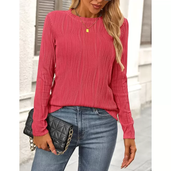 PRETTYGARDEN Womens Basic Plain Tee Shirts Fall Long Sleeve Crewneck Textured Dressy Casual Blouse TopsRed
