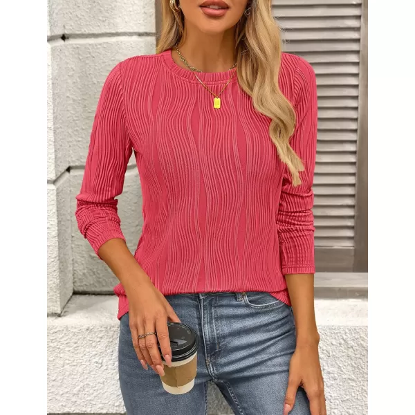 PRETTYGARDEN Womens Basic Plain Tee Shirts Fall Long Sleeve Crewneck Textured Dressy Casual Blouse TopsRed