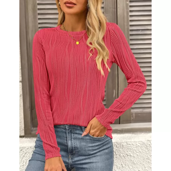 PRETTYGARDEN Womens Basic Plain Tee Shirts Fall Long Sleeve Crewneck Textured Dressy Casual Blouse TopsRed