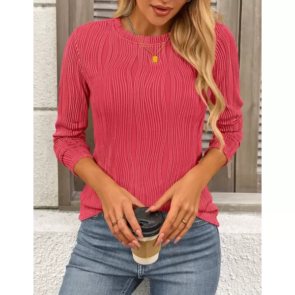 PRETTYGARDEN Womens Basic Plain Tee Shirts Fall Long Sleeve Crewneck Textured Dressy Casual Blouse TopsRed