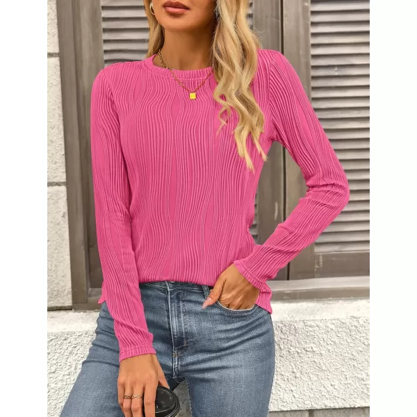 PRETTYGARDEN Womens Basic Plain Tee Shirts Fall Long Sleeve Crewneck Textured Dressy Casual Blouse TopsRose Red