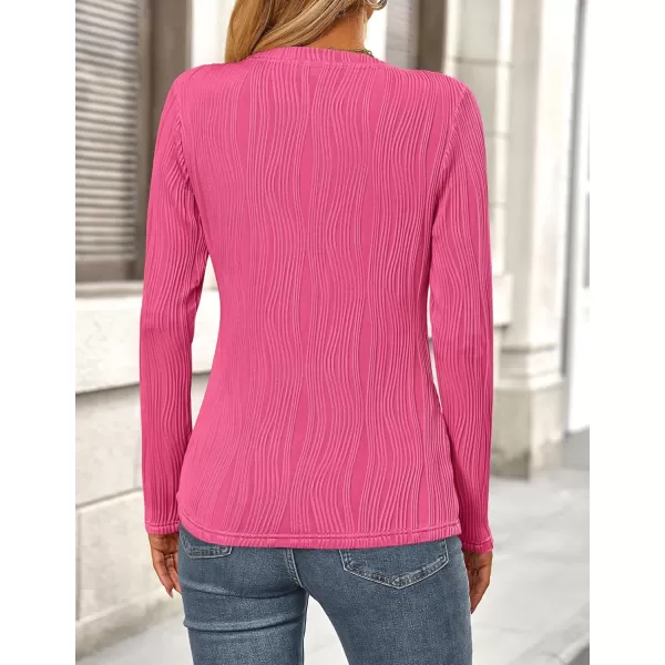 PRETTYGARDEN Womens Basic Plain Tee Shirts Fall Long Sleeve Crewneck Textured Dressy Casual Blouse TopsRose Red