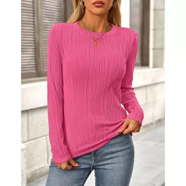 PRETTYGARDEN Womens Basic Plain Tee Shirts Fall Long Sleeve Crewneck Textured Dressy Casual Blouse TopsRose Red