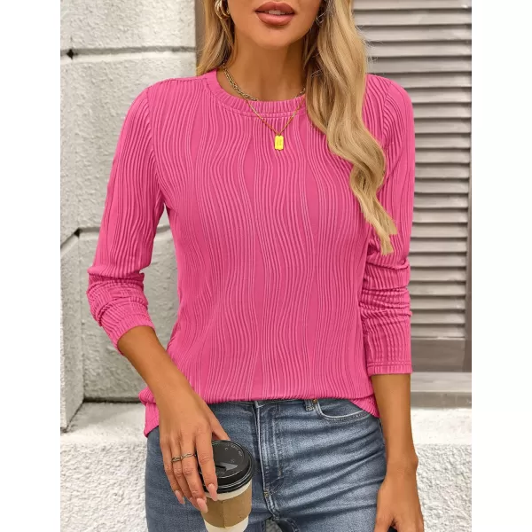 PRETTYGARDEN Womens Basic Plain Tee Shirts Fall Long Sleeve Crewneck Textured Dressy Casual Blouse TopsRose Red