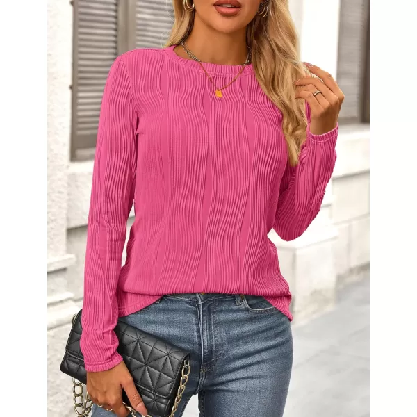 PRETTYGARDEN Womens Basic Plain Tee Shirts Fall Long Sleeve Crewneck Textured Dressy Casual Blouse TopsRose Red