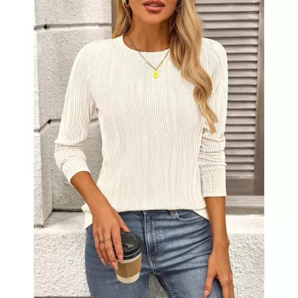 PRETTYGARDEN Womens Basic Plain Tee Shirts Fall Long Sleeve Crewneck Textured Dressy Casual Blouse TopsWhite
