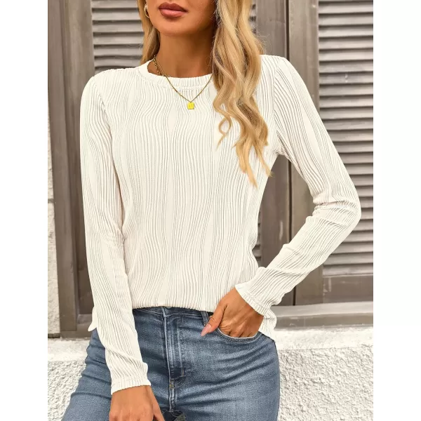 PRETTYGARDEN Womens Basic Plain Tee Shirts Fall Long Sleeve Crewneck Textured Dressy Casual Blouse TopsWhite