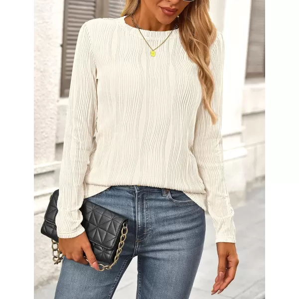 PRETTYGARDEN Womens Basic Plain Tee Shirts Fall Long Sleeve Crewneck Textured Dressy Casual Blouse TopsWhite