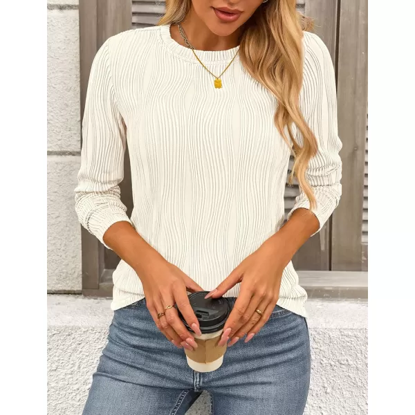 PRETTYGARDEN Womens Basic Plain Tee Shirts Fall Long Sleeve Crewneck Textured Dressy Casual Blouse TopsWhite