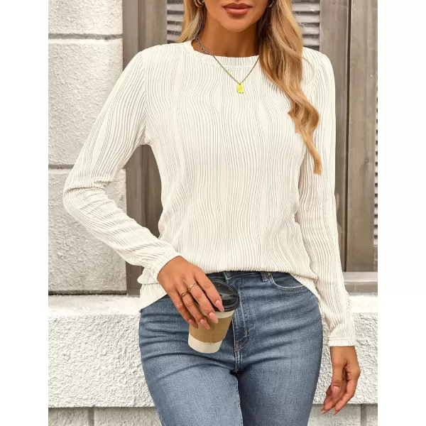 PRETTYGARDEN Womens Basic Plain Tee Shirts Fall Long Sleeve Crewneck Textured Dressy Casual Blouse TopsWhite