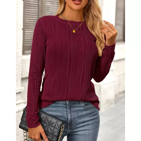 PRETTYGARDEN Womens Basic Plain Tee Shirts Fall Long Sleeve Crewneck Textured Dressy Casual Blouse TopsWine Red