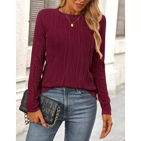 PRETTYGARDEN Womens Basic Plain Tee Shirts Fall Long Sleeve Crewneck Textured Dressy Casual Blouse TopsWine Red