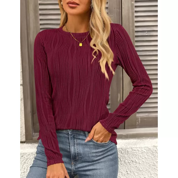 PRETTYGARDEN Womens Basic Plain Tee Shirts Fall Long Sleeve Crewneck Textured Dressy Casual Blouse TopsWine Red