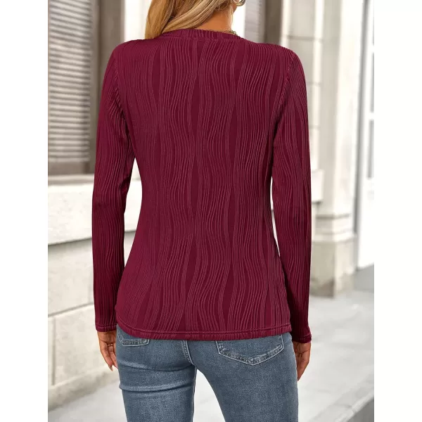 PRETTYGARDEN Womens Basic Plain Tee Shirts Fall Long Sleeve Crewneck Textured Dressy Casual Blouse TopsWine Red