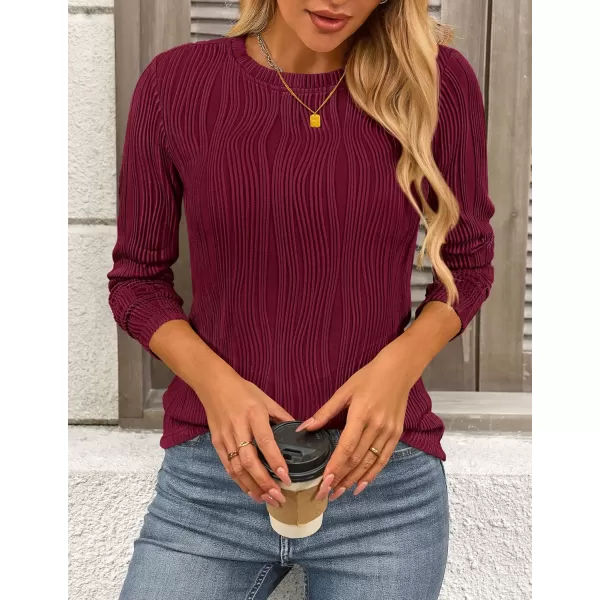 PRETTYGARDEN Womens Basic Plain Tee Shirts Fall Long Sleeve Crewneck Textured Dressy Casual Blouse TopsWine Red