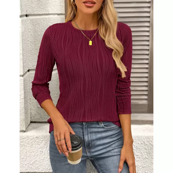 PRETTYGARDEN Womens Basic Plain Tee Shirts Fall Long Sleeve Crewneck Textured Dressy Casual Blouse TopsWine Red
