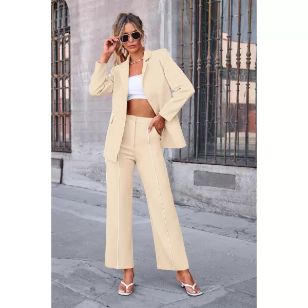 PRETTYGARDEN Womens Fall 2 Piece Blazer Outfits Business Casual Oversized Jacket Wide Leg Work Pants Dressy Suit SetBeige