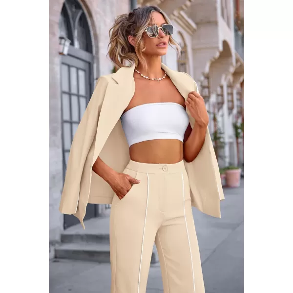 PRETTYGARDEN Womens Fall 2 Piece Blazer Outfits Business Casual Oversized Jacket Wide Leg Work Pants Dressy Suit SetBeige