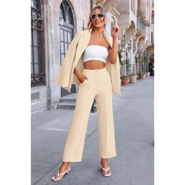 PRETTYGARDEN Womens Fall 2 Piece Blazer Outfits Business Casual Oversized Jacket Wide Leg Work Pants Dressy Suit SetBeige
