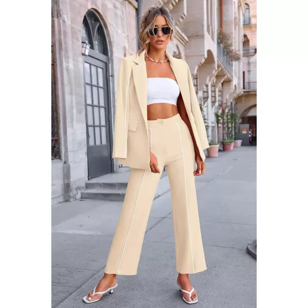 PRETTYGARDEN Womens Fall 2 Piece Blazer Outfits Business Casual Oversized Jacket Wide Leg Work Pants Dressy Suit SetBeige