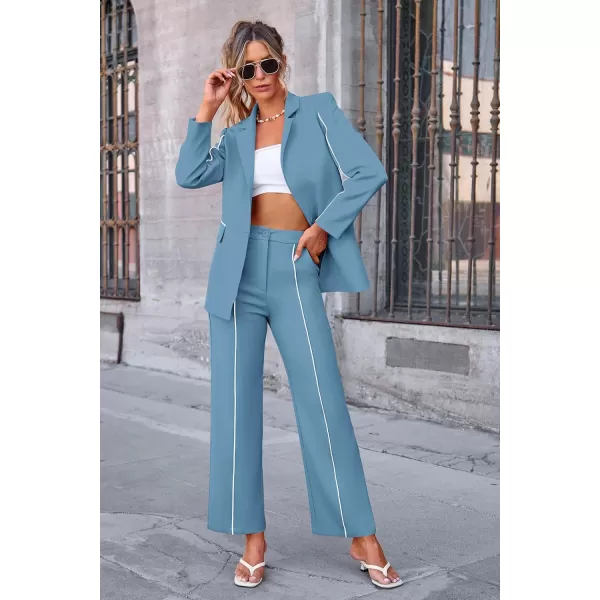 PRETTYGARDEN Womens Fall 2 Piece Blazer Outfits Business Casual Oversized Jacket Wide Leg Work Pants Dressy Suit SetBlue