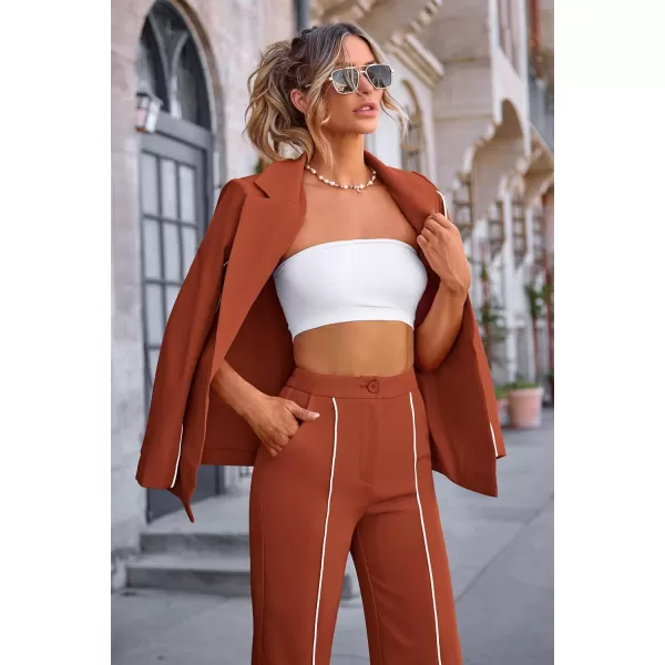 PRETTYGARDEN Womens Fall 2 Piece Blazer Outfits Business Casual Oversized Jacket Wide Leg Work Pants Dressy Suit SetBrick Red
