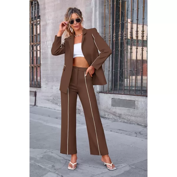 PRETTYGARDEN Womens Fall 2 Piece Blazer Outfits Business Casual Oversized Jacket Wide Leg Work Pants Dressy Suit SetCoffee